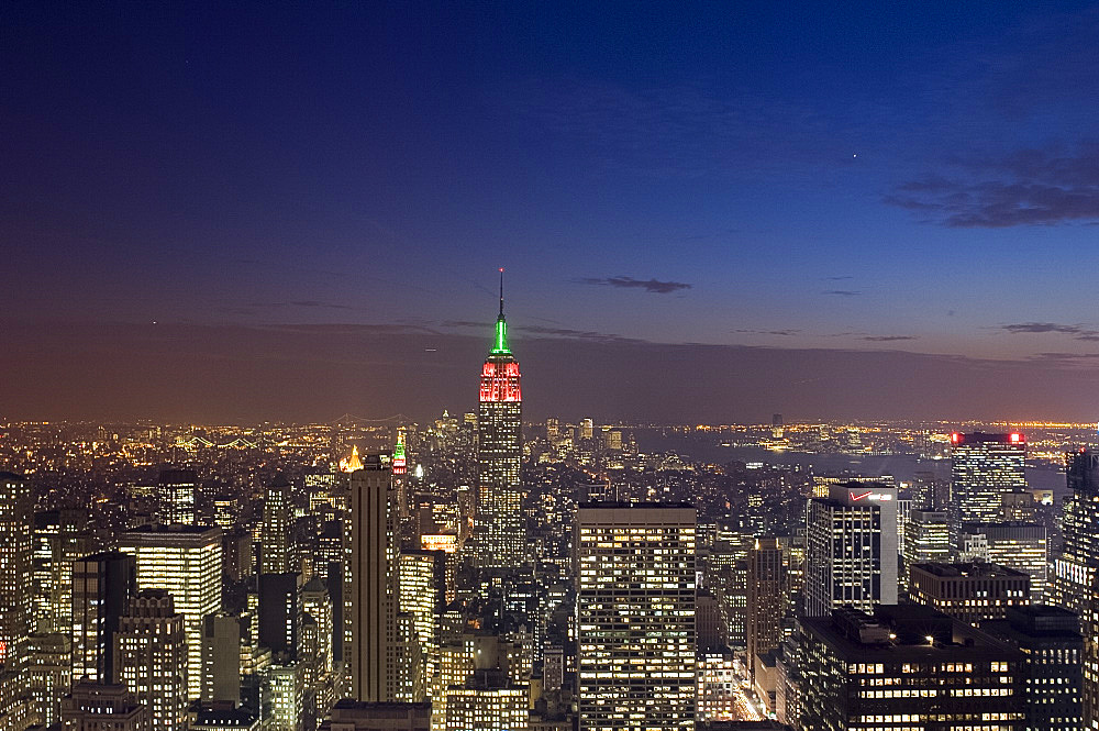 Looking south towards the Empire State Building, over the Manhattan skyline from Top of the Rock, the observation deck on top of the GE building in Rockefeller Center, New York City, New York State, United States of America, North America