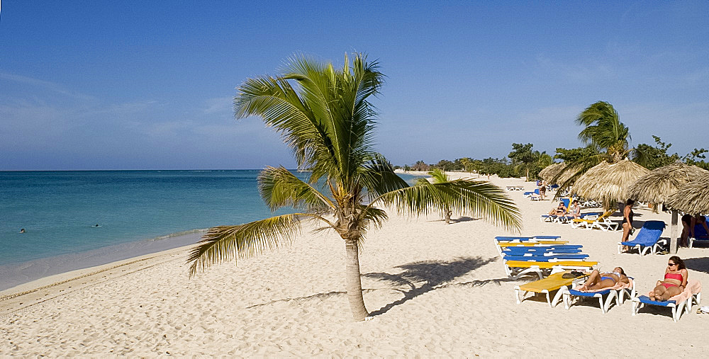 Sun beds and palm tree the Playa Ancon next to the Hotel Brisas del Mar, Trinidad, Cuba, West Indies, Central America