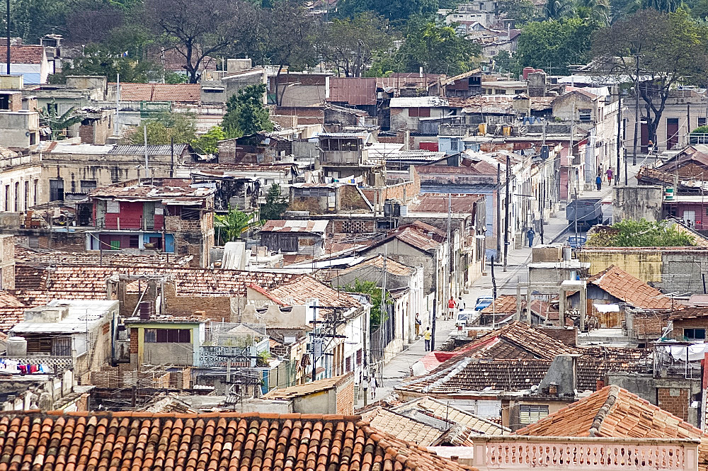 An aerial view of central Santiago de Cuba taken from the roof of the Casa Granda Hotel, Santiago de Cuba, Cuba, West Indies, Central America