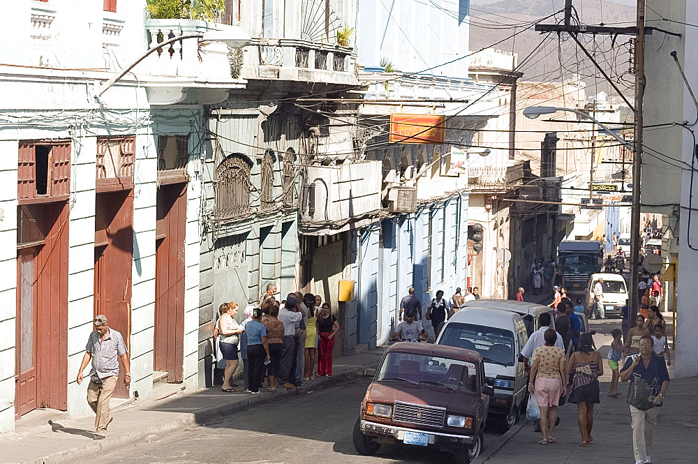 Calle Felix Pena, a busy shopping street in central Santiago de Cuba, Cuba, West Indies, Central America