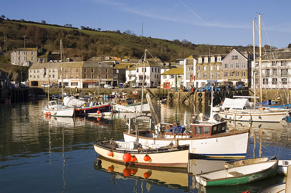 Colourful old wooden fishing boats in the harbour, Mevagissey, Cornwall, England, United Kingdom, Europe