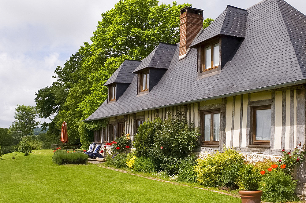 An old half timbered barn converted into a house, Normandy, France, Europe