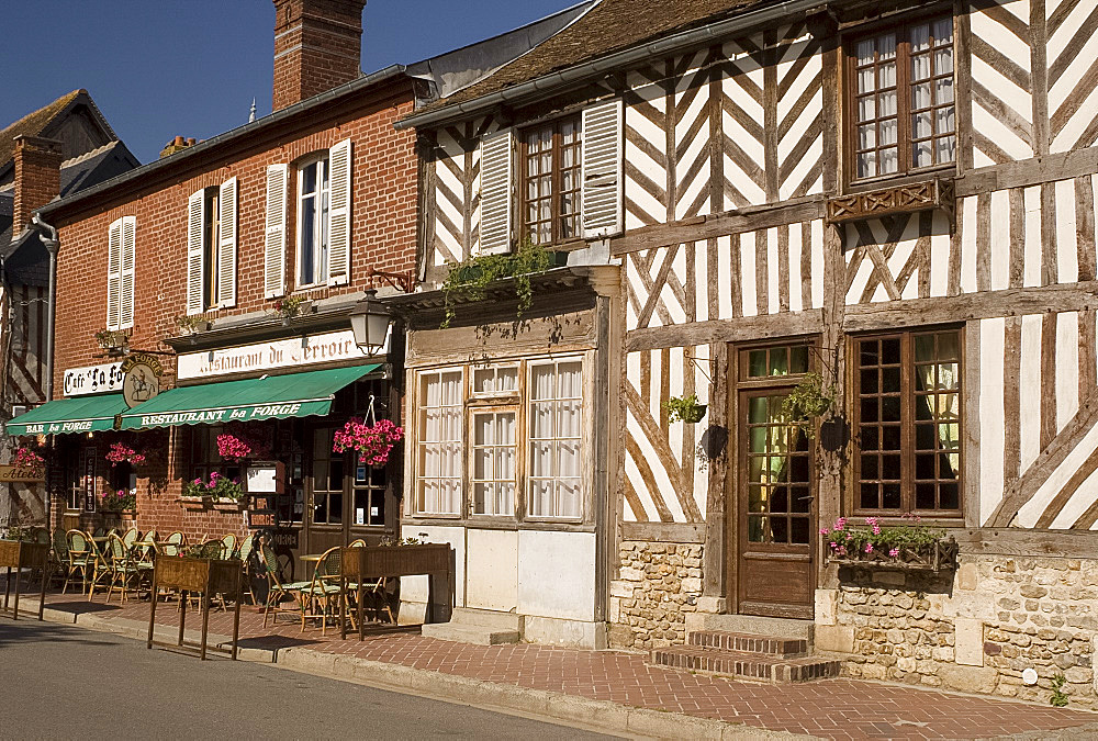 A cafe and half timbered house in Beauvron en Auge, Normandy, France, Europe