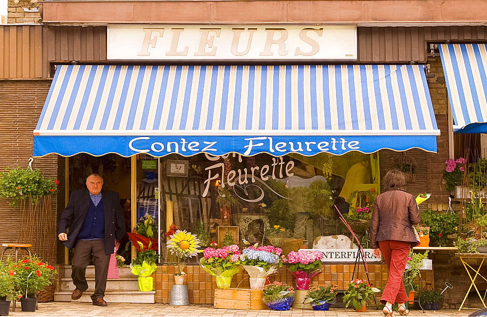 A flower shop in the town of Cormeilles, Normandy, France, Europe