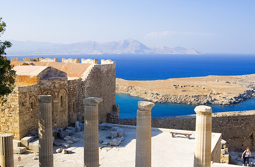 Columns and the sea from The Acropolis, Lindos, Rhodes, Dodecanese Islands, Greek Islands, Greece, Europe