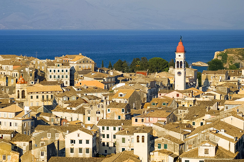 An aerial view of Corfu Old Town and St. Spyridonas belltower from the New Fort, Corfu, Ionian Islands, Greek Islands, Greece, Europe