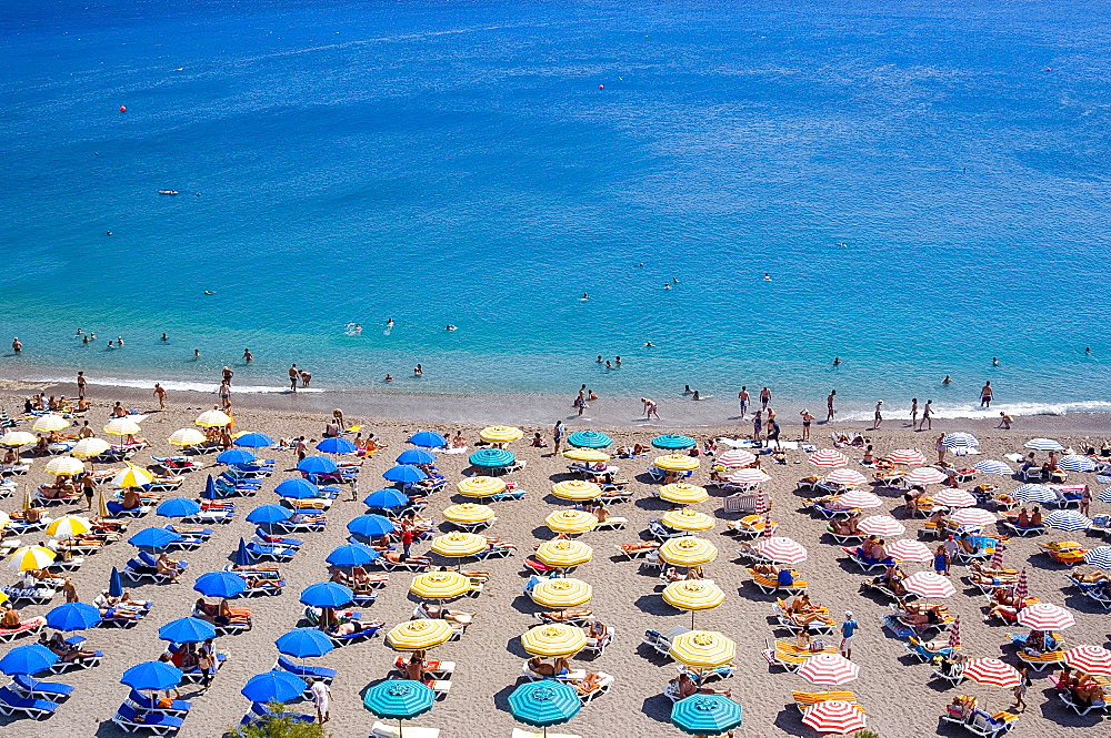 Aerial view of umbrellas and sea, Elli Beach, Rhodes Town, Rhodes, Dodecanese, Greek Islands, Greece, Europe