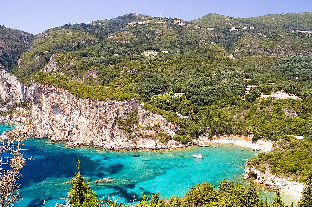 Aerial view of an emerald coloured cove in Paleokastritsa, west coast, Corfu, Ionian Islands, Greek Islands, Greece, Europe