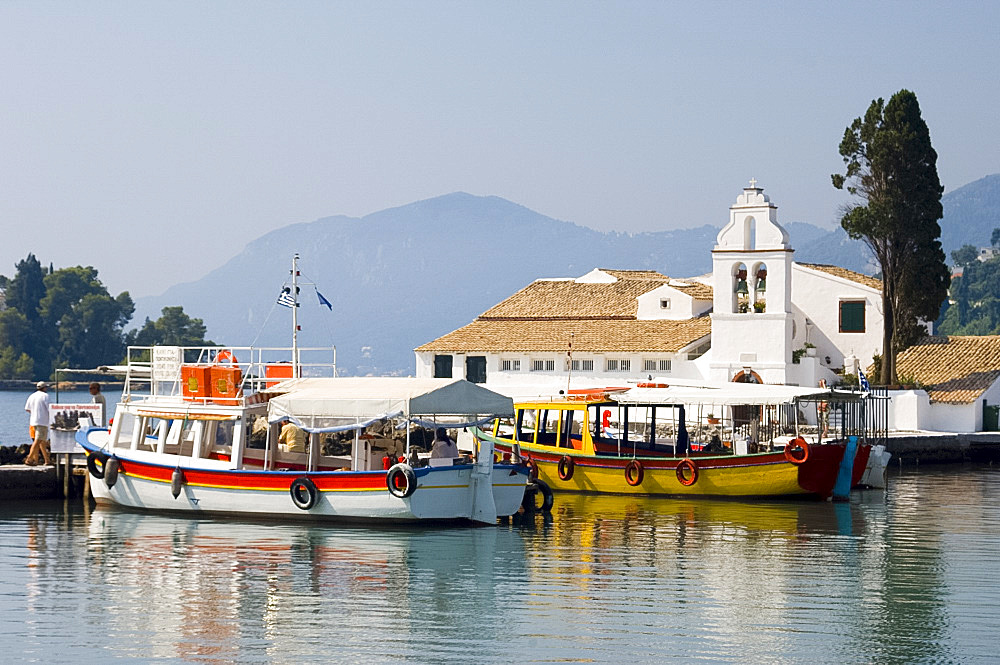 Vlacherna Monastery near Cofu Town, Corfu, Ionian Islands, Greek Islands, Greece, Europe