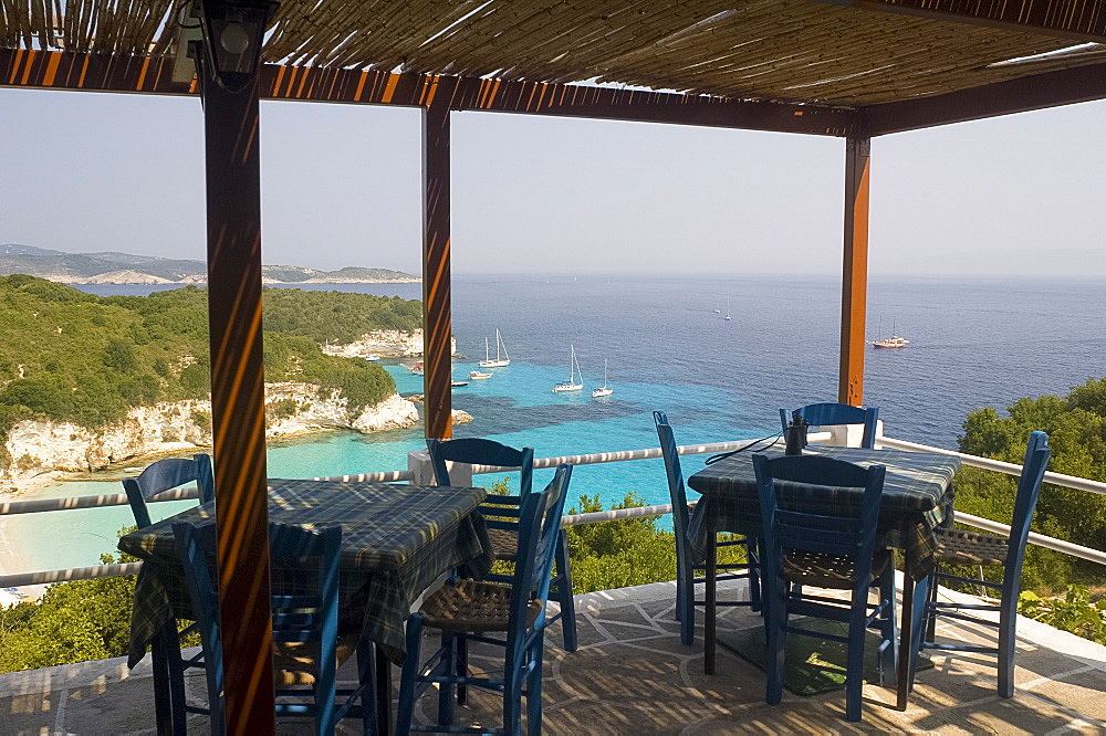 A taverna overlooking the coast above Voutoumi Beach, Anti-Paxos, Ionian Islands, Greek Islands, Greece, Europe