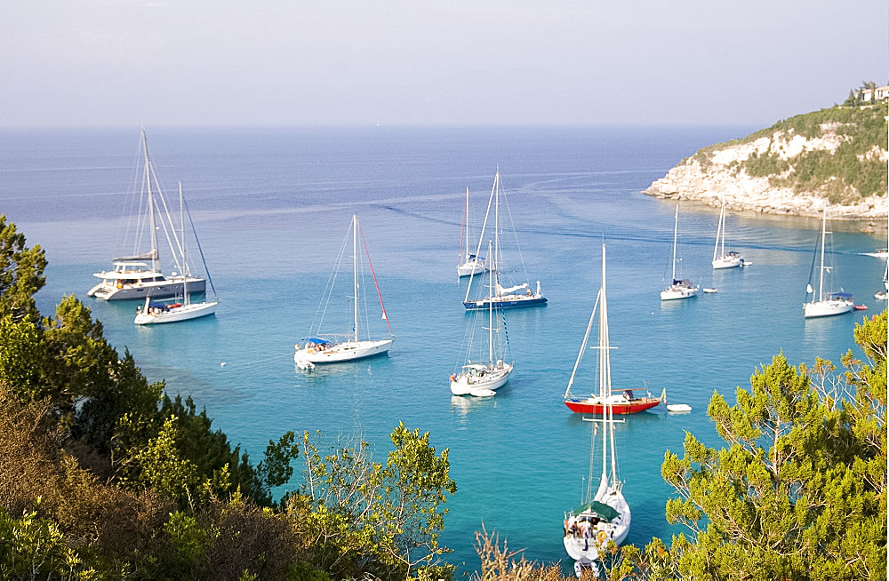 Sailboats in the harbour at Lakka, Paxos, Ionian Islands, Greek Islands, Greece, Europe