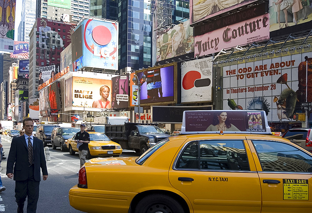 Yellow taxis and billboards in Times Square, New York City, New York, United States of America, North America