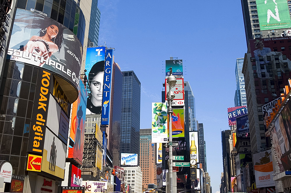 Billboards and modern highrise buildings in Times Square, New York City, New York, United States of America, North America