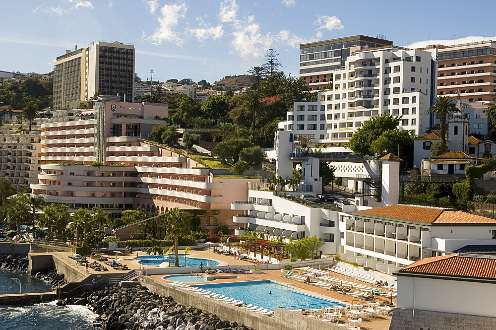 High rise hotels along the coast west of Funchal, Madeira, Portugal, Europe