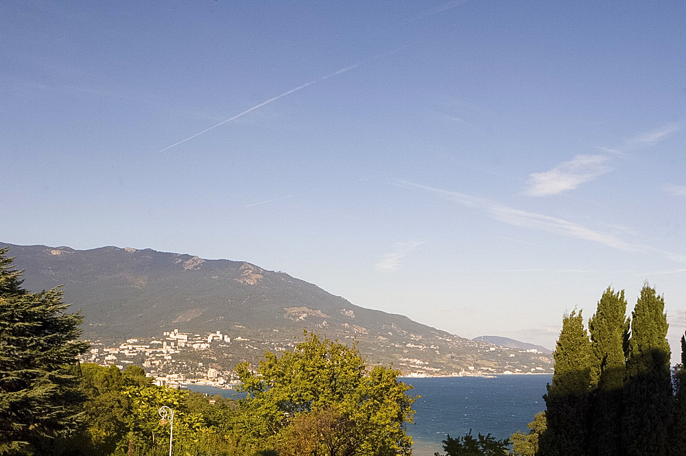 A view over the Black Sea from the garden at the Livadia Palace, Yalta, Crimea, Ukraine, Europe