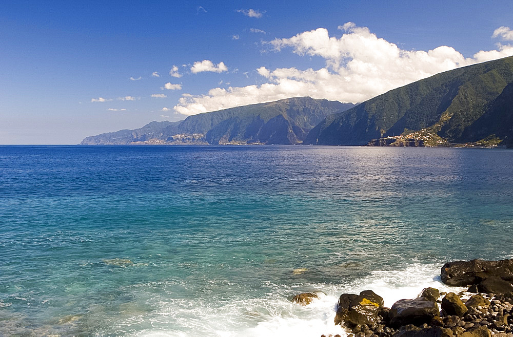 A view of rocks, cliffs and sea from the north coast road, Madeira, Portugal, Atlantic, Europe