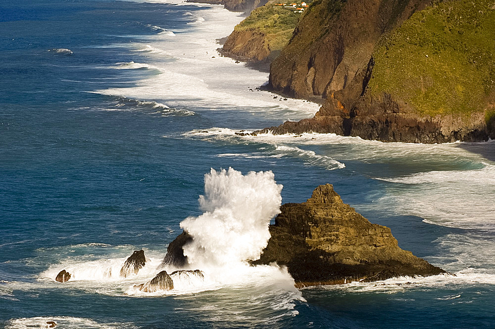 Waves pounding the cliffs on the north coast near Ponta Delgada, Madeira, Portugal, Atlantic, Europe