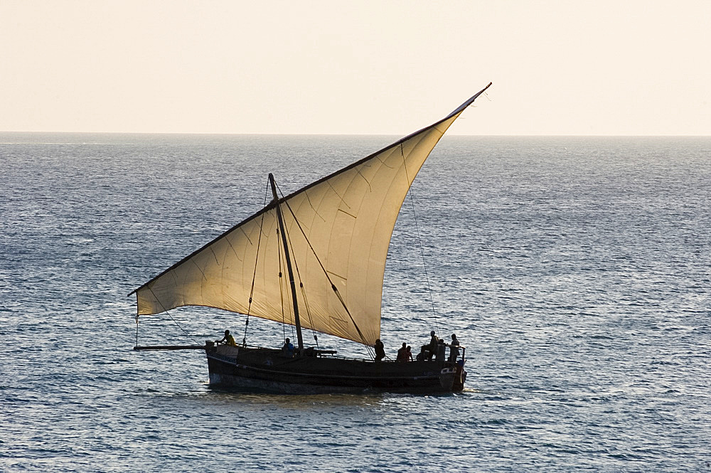 A traditional wooden dhow sailing near Stone Town at sunset, Zanzibar, Tanzania, East Africa, Africa