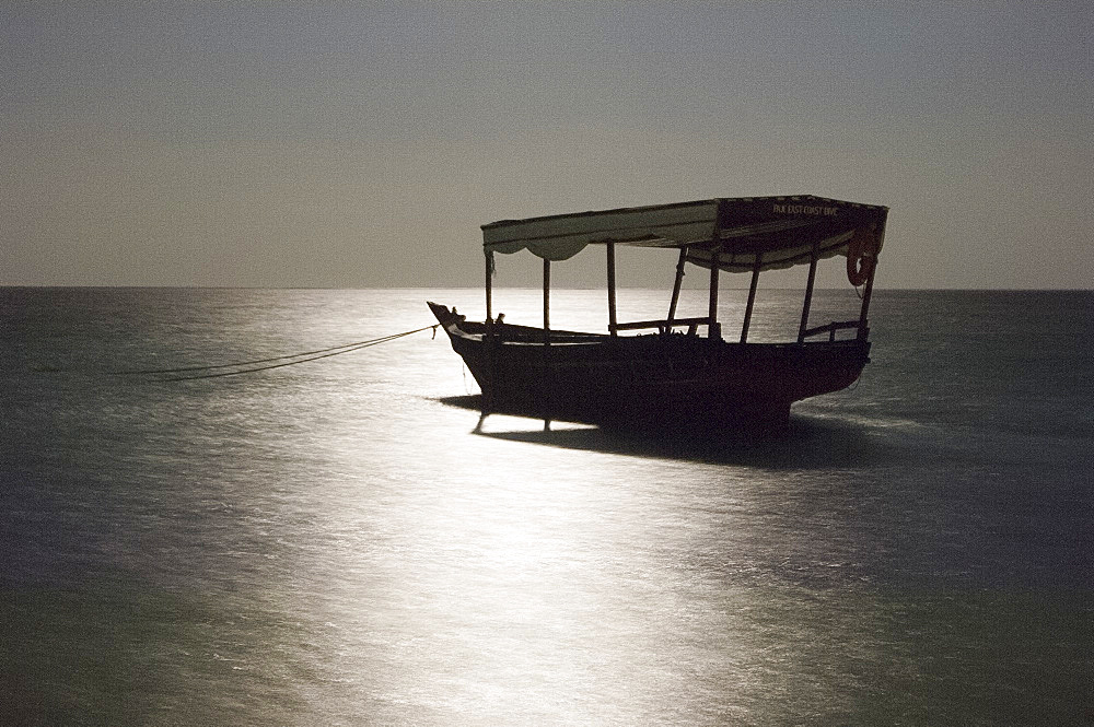 A boat in moonlight on Paje Beach, Paje, Zanzibar, Tanzania, East Africa, Africa