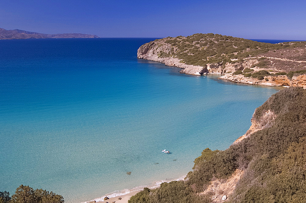 A view of emerald seas from Istro south of Agios Nikolaos, Crete, Greece, Europe