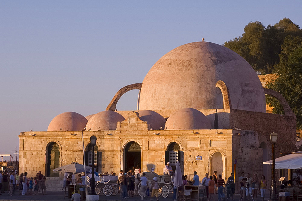 The Ottoman Mosque of Kutchuk Hasan on the harbour in the old town section of Hania, Crete, Greek Islands, Greece, Europe