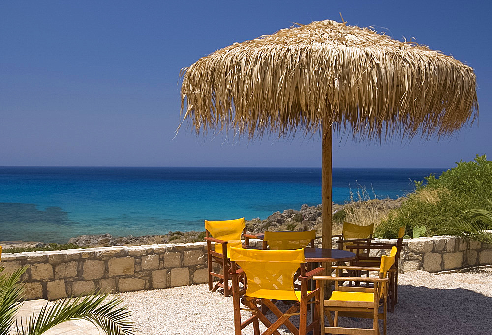 A table overlooking the beach and emerald seas at Phalassarna (Falassarna) in Western Crete, Greek Islands, Greece, Europe