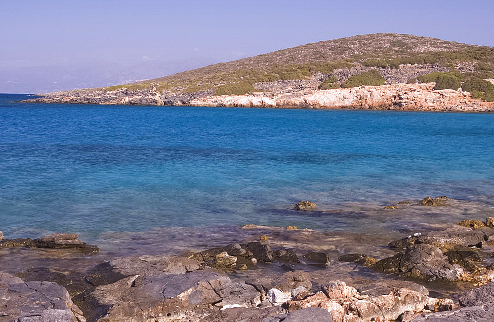 A view out to sea from the island of Spinalonga near Elounda, Crete, Greek Islands, Greece, Europe