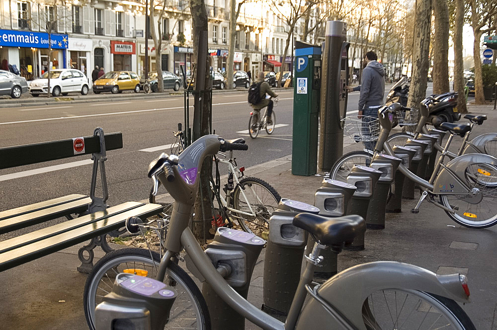 Velib public bicycles for rent on a Paris street, Paris, France, Europe