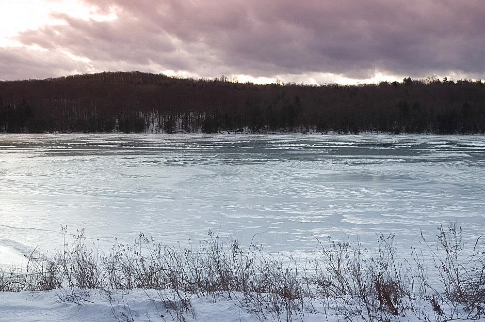 A frozen lake in winter, Lake Myosotis in Rensselaerville, New York State, United States of America, North America