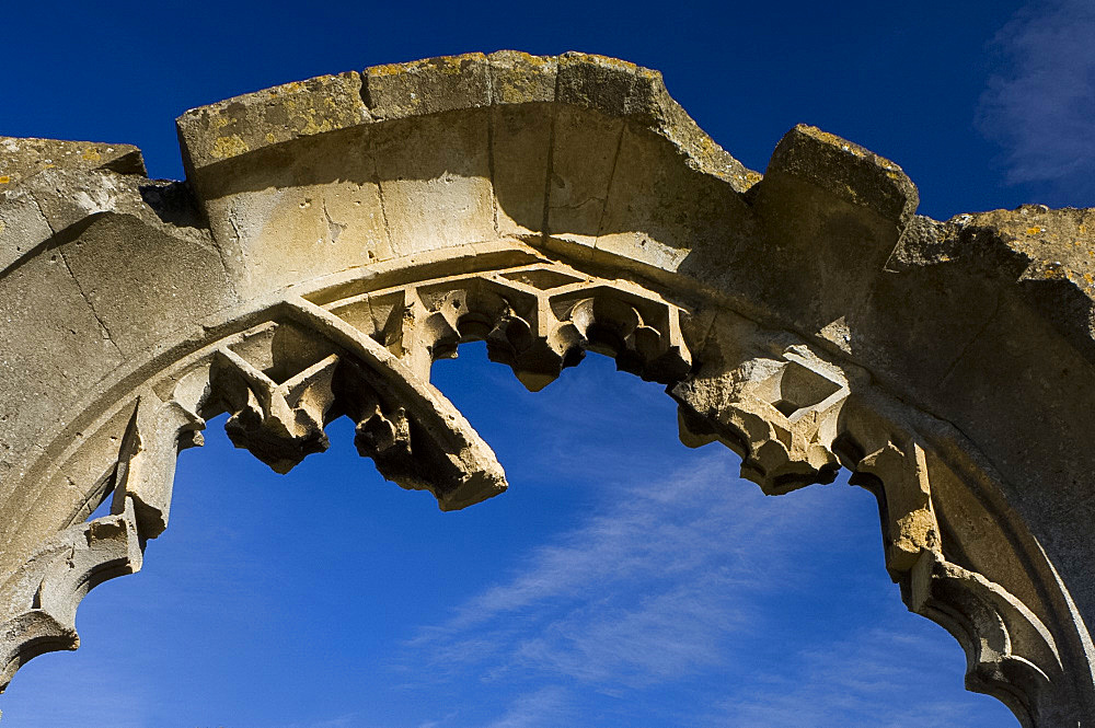 Detailed view of a carved stone arch at the ruins of Winchcombe Abbey, Cheltenham, Gloucestershire, England, United Kingdom, Europe