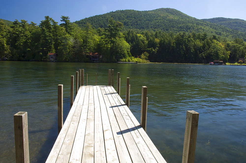 A wooden dock on Lake George, New York State, United States of America, North America