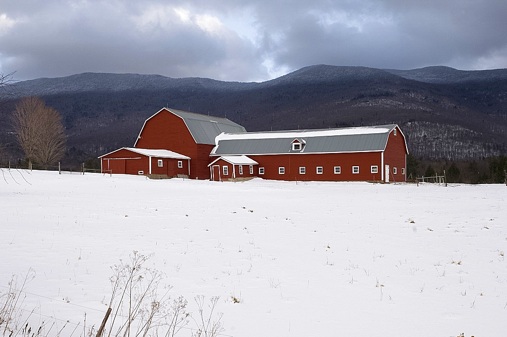 A traditonal red painted barn surrounded by snow and the Green Mountains in the background, Vermont, United States of America