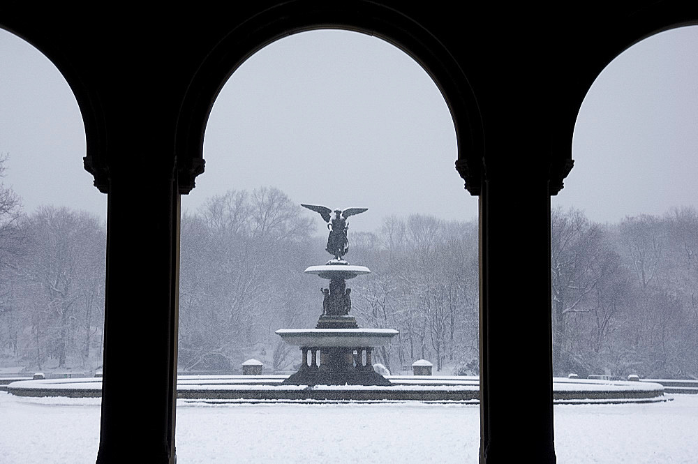 Bethesda Fountain in Central Park during a snowstorm, New York City, New York State, United States of America