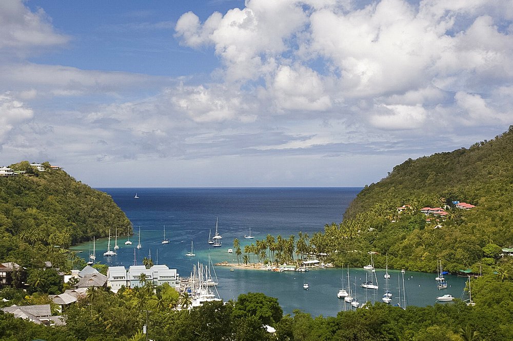 An aerial view of yachts in Marigot Bay, St. Lucia, Windward Islands, West Indies, Caribbean, Central America