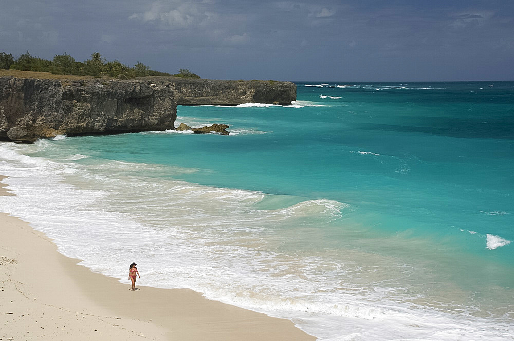 White sand and surf at Bottom Bay on the east coast of Barbados, The Windward Islands, West Indies, Caribbean, Central America