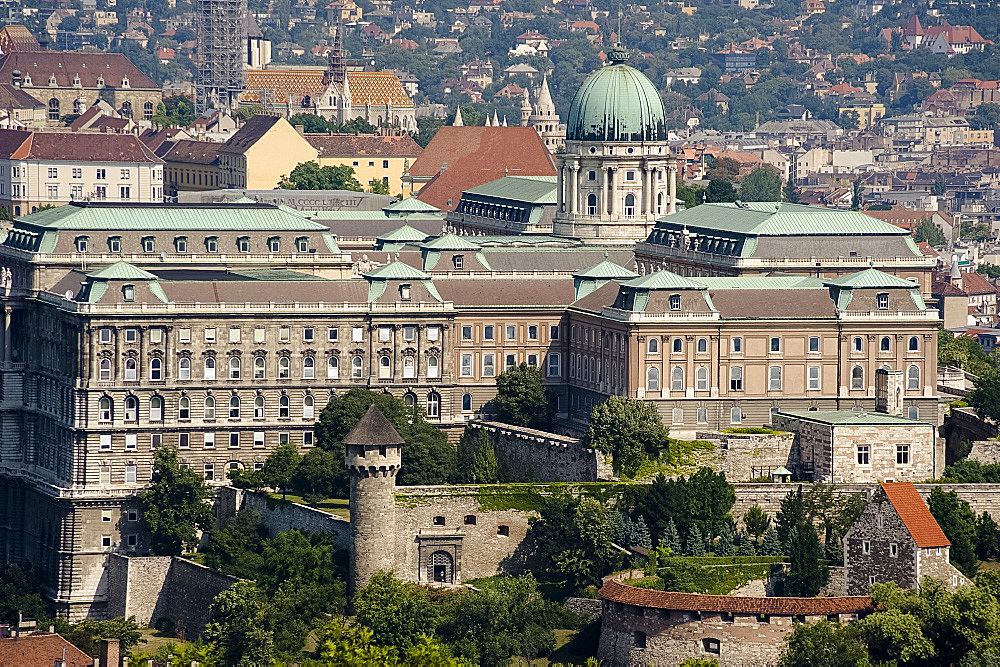 An aerial view of the Royal Palace on Castle Hill from Gellert Hill, Budapest, Hungary, Europe