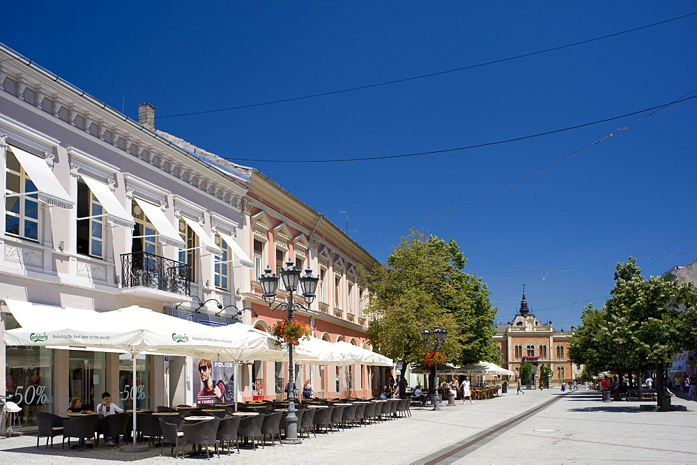 Restored buildings and outdoor cafes in the old town section of Novi Sad, Serbia, Europe