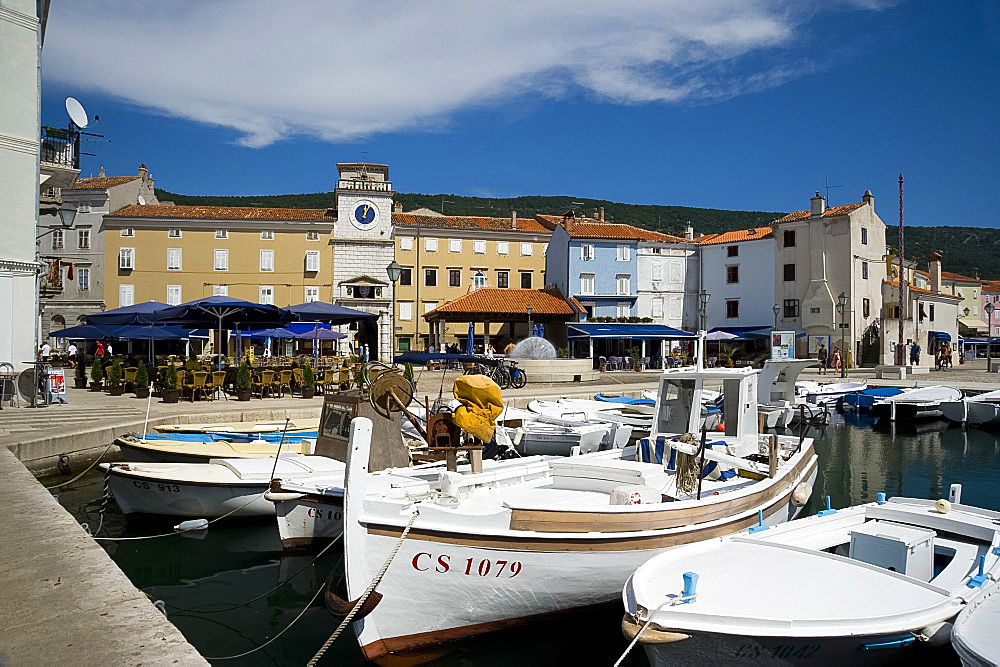 Old boats in the habour near the main square in Cres Town on the island of Cres, Kvarner region, Croatia, Adriatic, Europe