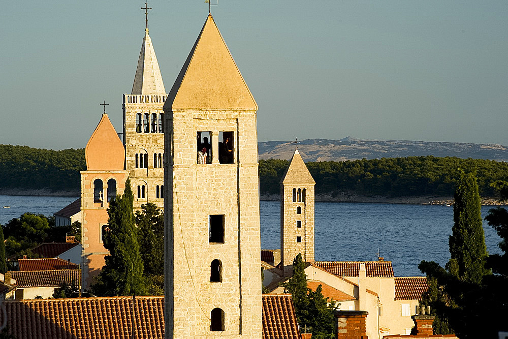 The four medieval bell towers of Rab Town, island of Rab, Kvarner region, Croatia, Europe