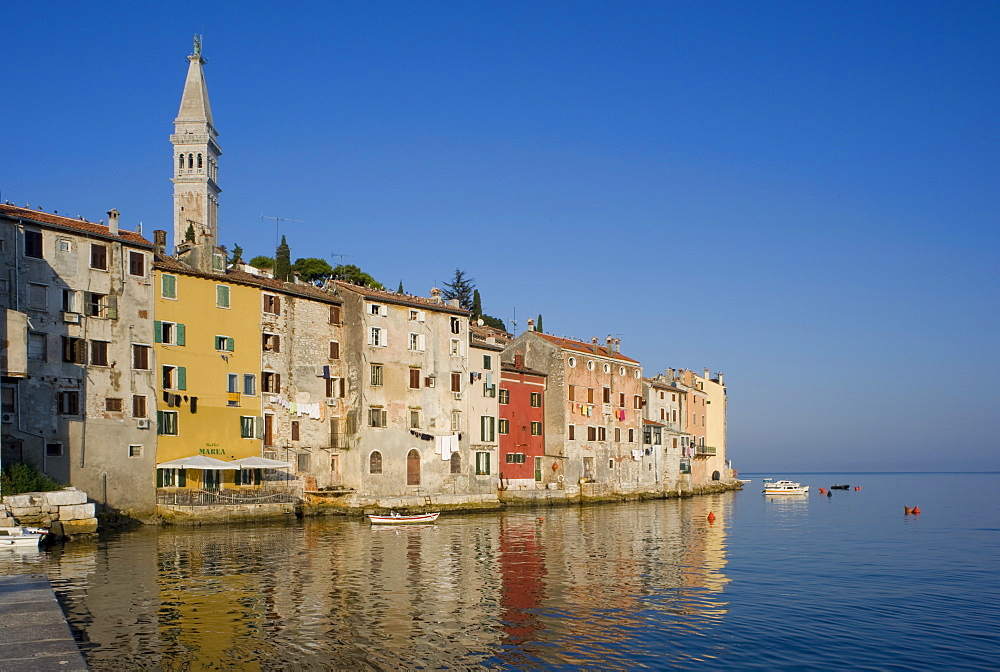 The Cathedral of St. Euphemia and the old Venetian style buildings of Rovinj at sunrise, Istria, Croatia, Adriatic, Europe