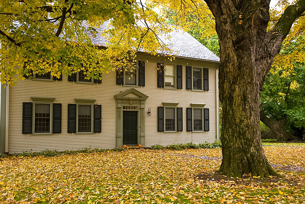 A colonial style house surrounded by autumn leaves in Deerfield, Massachusetts, New England, United States of America, North America