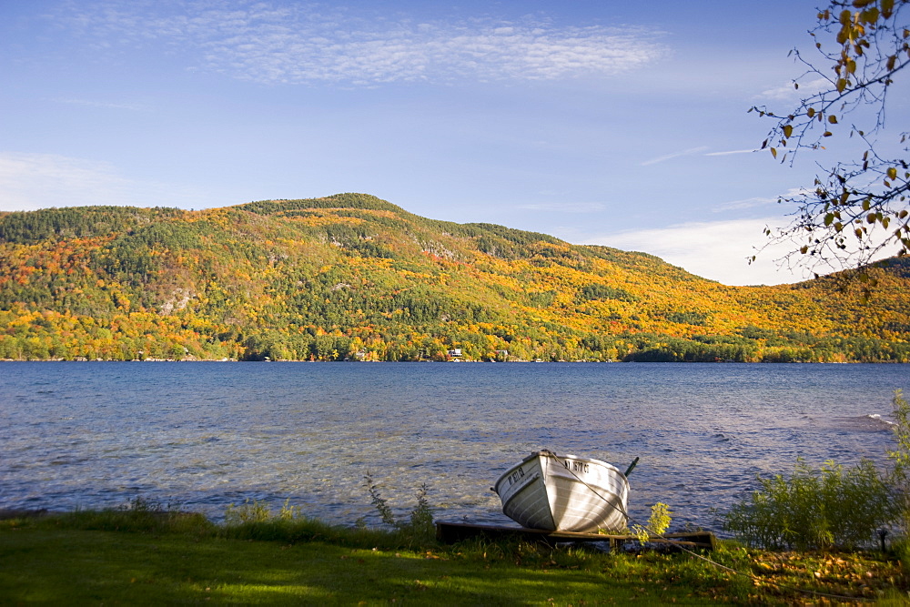 A view across Lake George to mountains covered with autumn foliage, Lake George, New York State, United States of America, North America