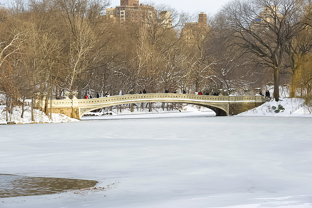 The Bow Bridge and Central Park Lake after a snowstorm, New York City, New York State, United States of America, North America