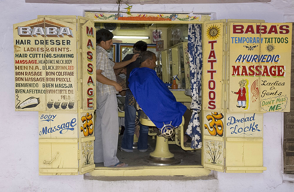 An old barber's shop in Pushkar, Rajasthan, India, Asia