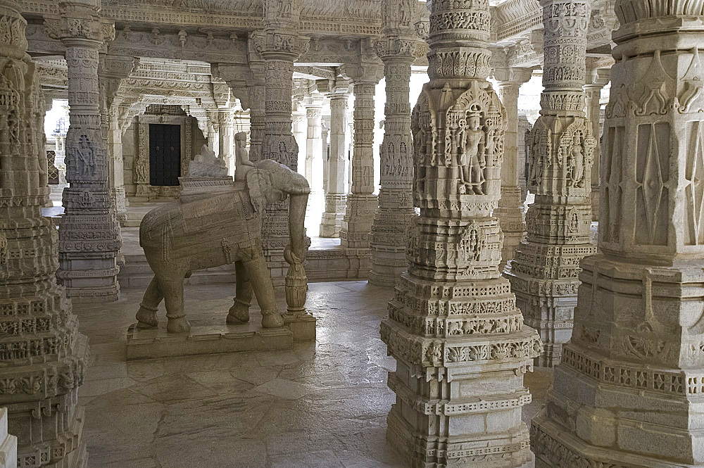 The intricately carved marble interior of the main Jain temple at Ranakpur, Rajasthan, India, Asia