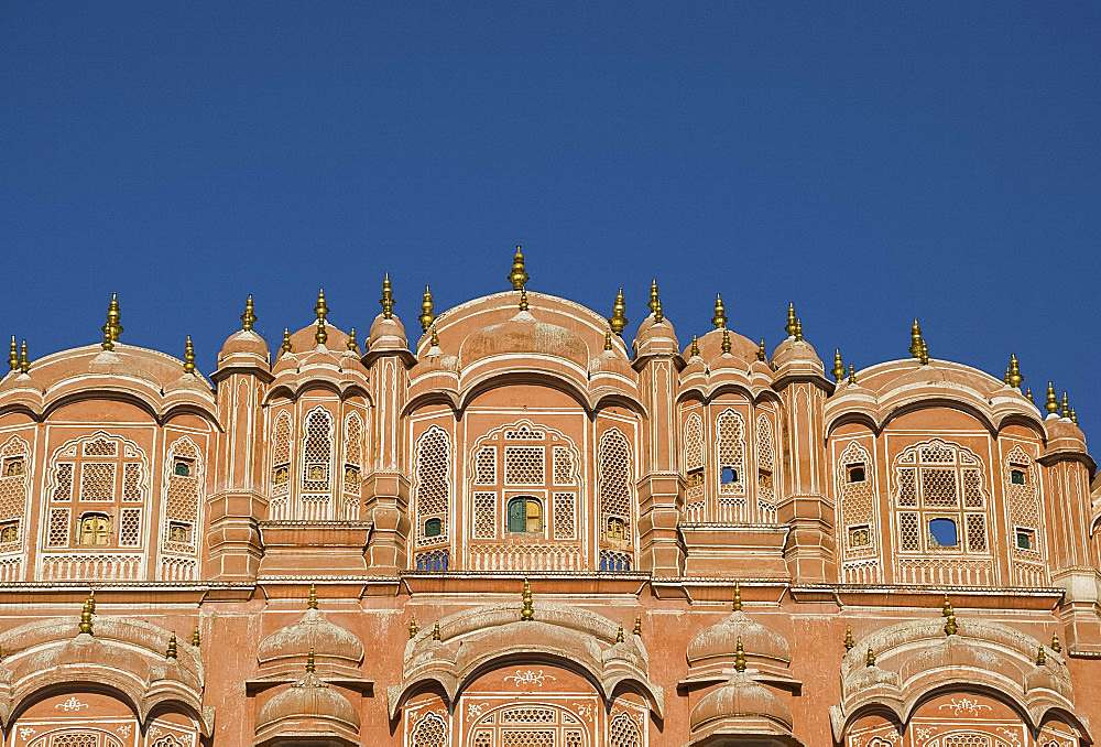 The ornate pink facade of the Hawa Mahal (Palace of the Winds), Jaipur, Rajasthan, India, Asia