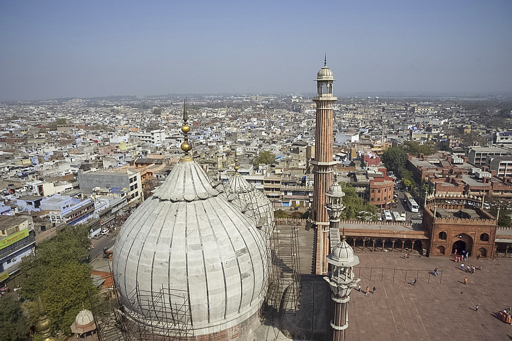 The view from a minaret of a dome at the Jami Masjid Mosque in Old Dehli, India, Asia