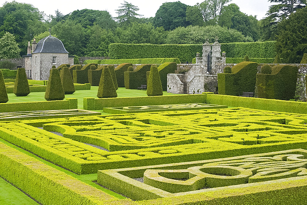 Box hedging and topiary on a terrace at Pitmedden Garden, Ellon, Aberdeenshire, Scotland, United Kingdom, Europe