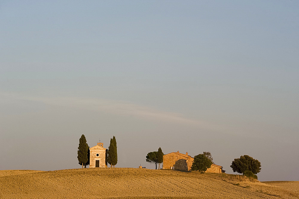 The Chapel Vitaleta and cypress trees in Val d'Orcia, UNESCO World Heritage Site, Tuscany, Italy, Europe