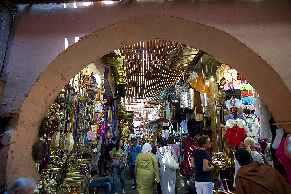 A view of the souk through an arch in Marrakech, Morocco, North Africa, Africa